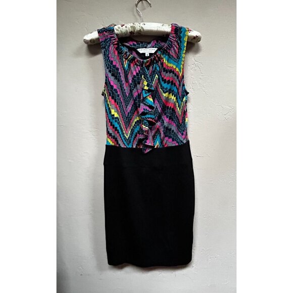 Trina Turk Women's Sleeveless Ruffle Sheath Dress Size 6 Black Abstract Multi - Picture 1 of 10